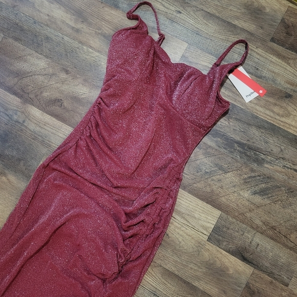 Popilush Red Shapewear Cocktail Shimmer Bodycon Side Slit Midi Dress Size Small - Picture 6 of 12